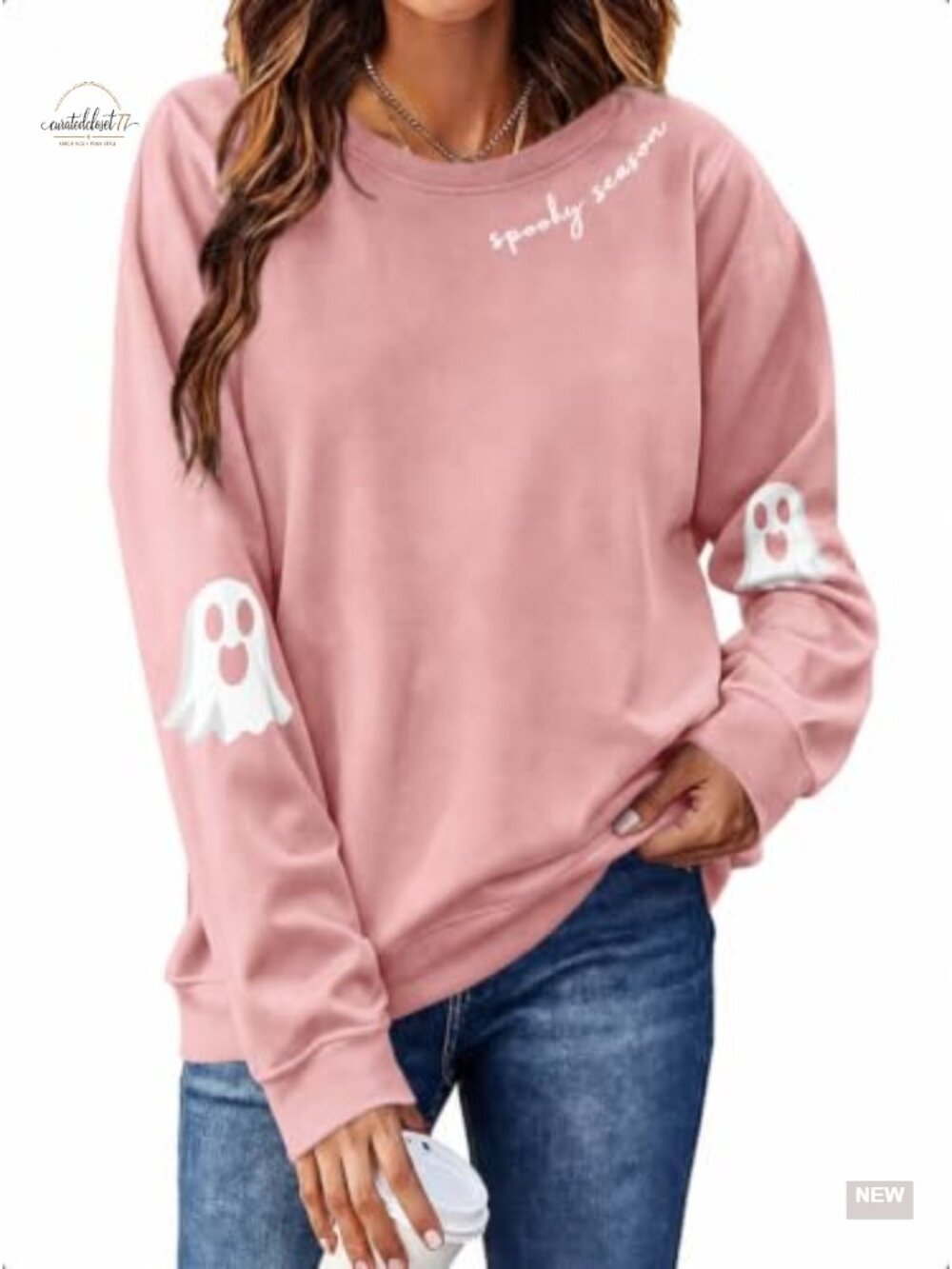 Women's Halloween Ghost Sweatshirt Cotton Blend Crew Neck Pullover